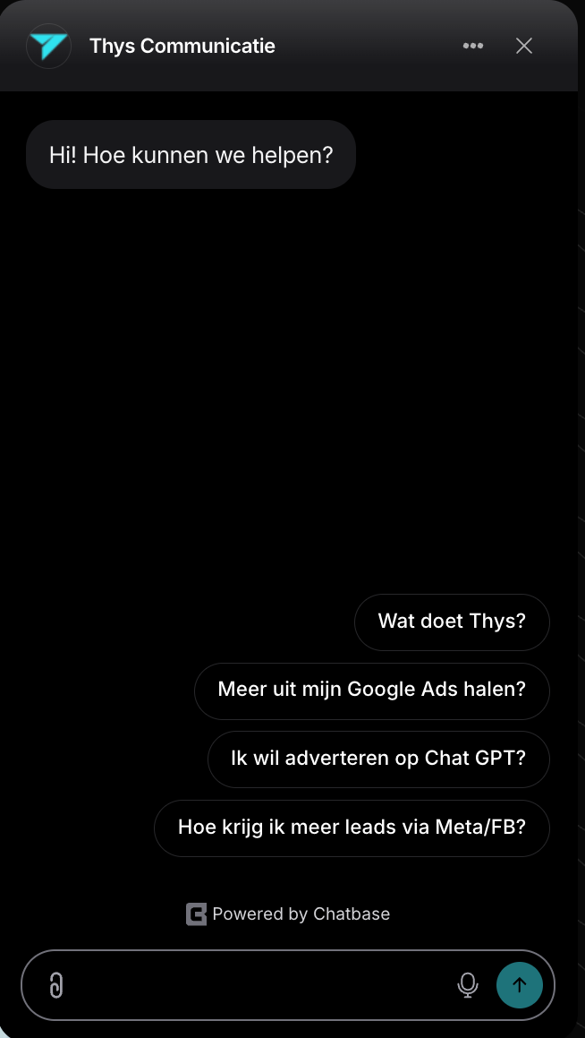 Eksempel på AI-chatbotten på Thys Communicaties hjemmeside